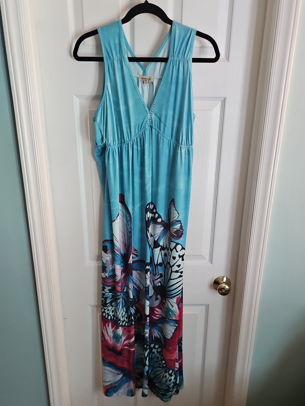 ONE WORLD Turquoise Maxi Dress with Butterfly Print Large